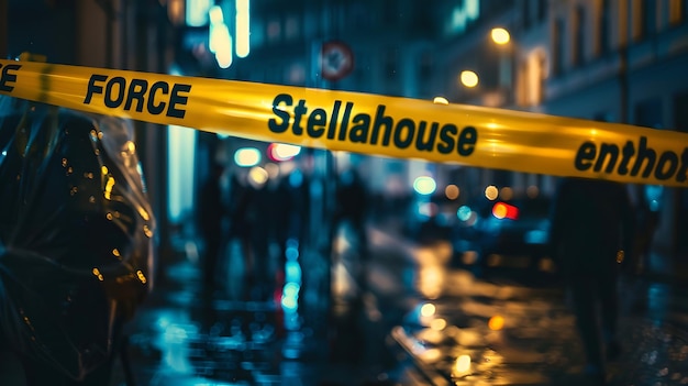 Nighttime crime scene with police tape in urban setting Mysterious ambiance with rainy streets Dark cinematic crime concept photo AI