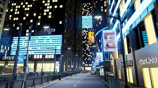 건물을 지나가는 자동차가 있는 야간 시내 도시 거리입니다. OOH 광고판 광고와 가로등 기둥, 3d 렌더링 애니메이션으로 조명된 대로가 있는 빈 대도시