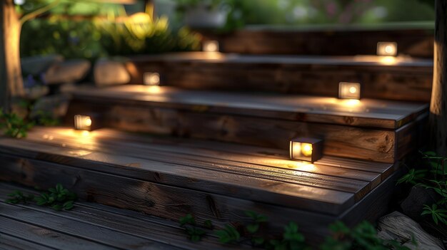 Photo nighttime elegance solar lights brightening wooden steps