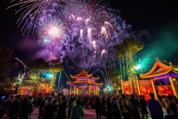 Nighttime festival with lanterns and fireworks illuminating the sky created with generative ai