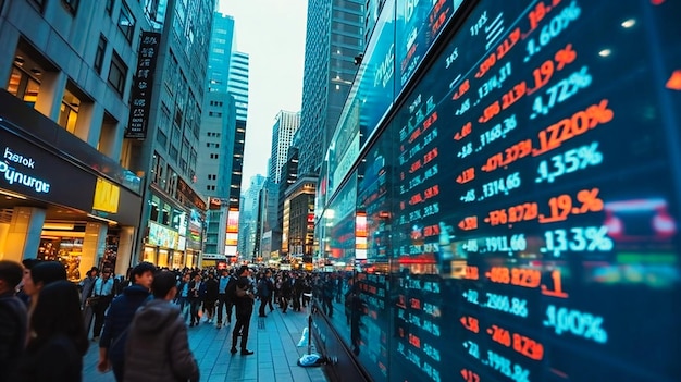 Фото Ночной городской пейзаж финансового района с освещенными диаграммами фондового рынка и дисплеями данных