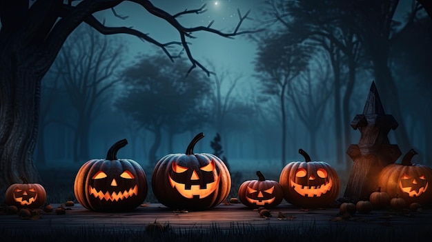 Nighttime forest Halloween background with moonlit wooden pumpkins