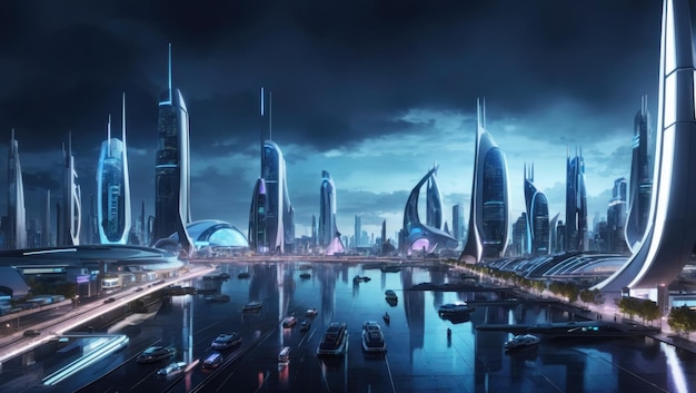 Nighttime in the futuristic cityscape