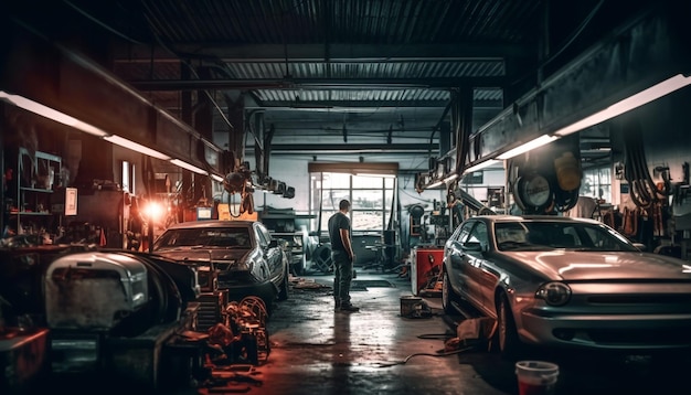 Foto servizio di garage notturno uomini che riparano macchinari metallici per l'industria dei trasporti generati dall'intelligenza artificiale