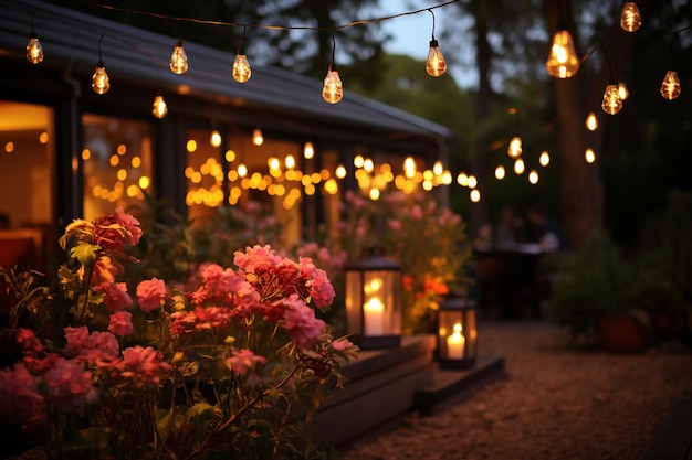 Nighttime garden ambiance with decorative string lights and blurred revelers