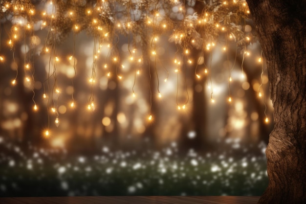 Photo nighttime garden decor fairy lights hanging on tree with empty wood table and bokeh background
