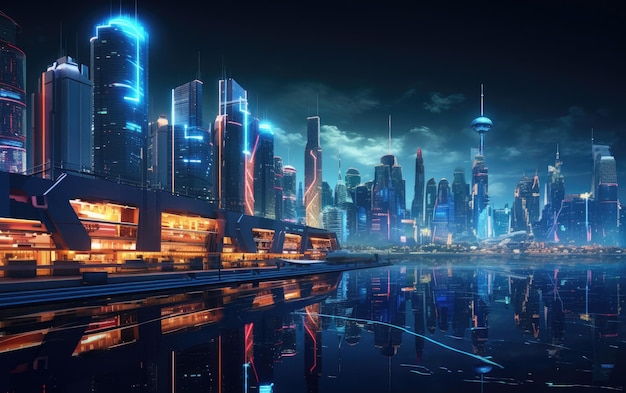 Nighttime Illumination of a Futuristic Cyberpunk City