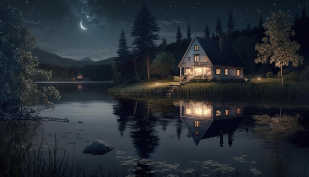 Nighttime lake scene with a lit home