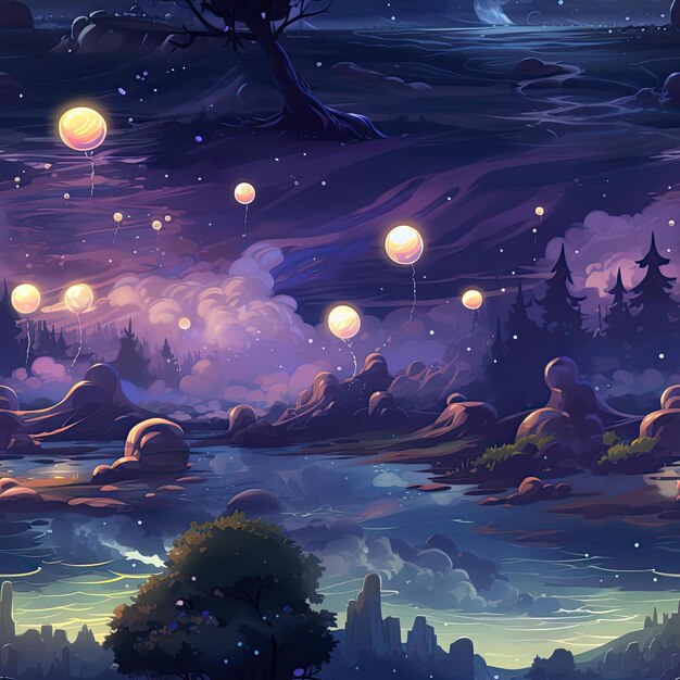 Nighttime landscape featuring trees clouds lanterns and a starry sky tiled