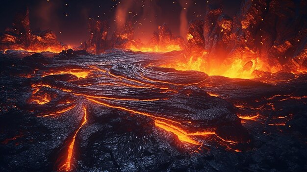 Foto lago di lava notturno paesaggio di montagna lontana