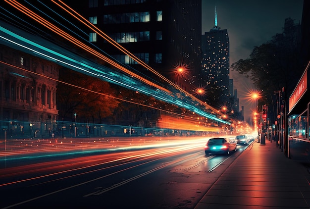 Nighttime light streaks on a contemporary metropolitan street