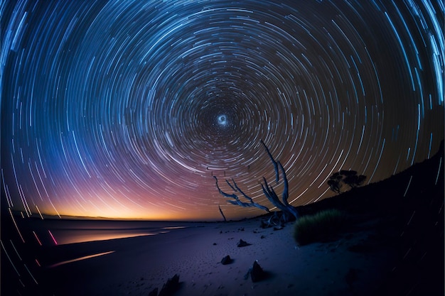 夜间长时间曝光照片天空的天体摄影术、恒星旋转的空白