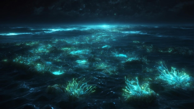 Photo nighttime magic a glowing blue sea