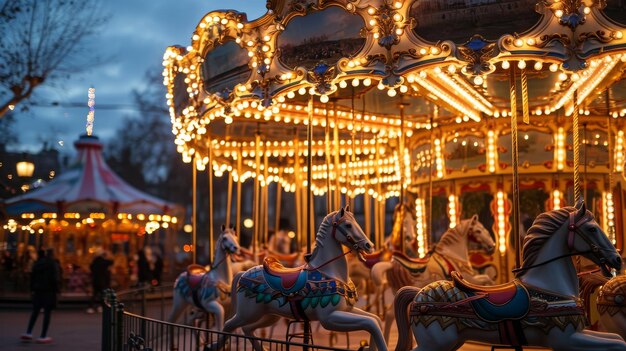 Nighttime Merry Go Round With People Enjoying the Ride Carnival