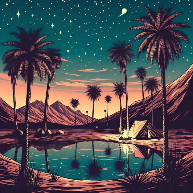 Nighttime Oasis Lofi Desert Night Art