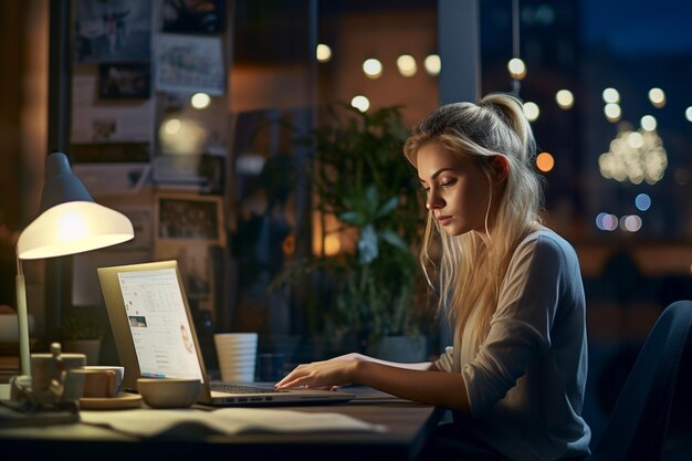 Nighttime Productivity Young Businesswoman Typing on Laptop Generative Ai