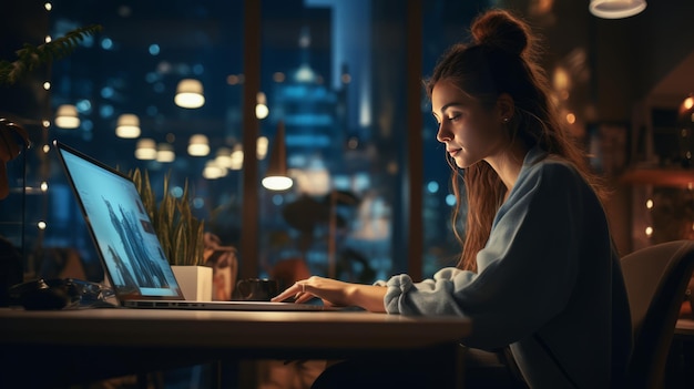 夜間の生産性 ホーム オフィスでラップトップに入力する若い実業家 ジェネレーティブ AI