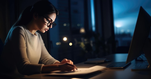 Foto produttività notturna giovane donna d'affari che scrive sul portatile in ufficio a casa ai generativa