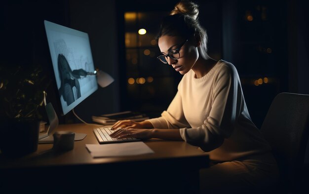 Produttività notturna giovane donna d'affari che scrive sul portatile in ufficio a casa ai generativa