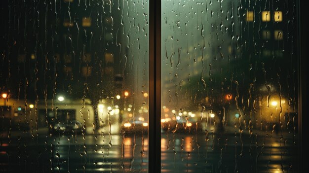 Nighttime Rainy City View Through Glass Window Empty Streets