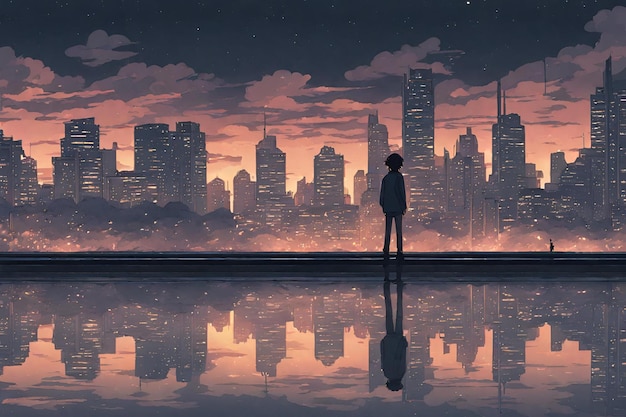 Photo nighttime reflections lofi manga wallpaper of a sad yet beautiful scene with cityscape person in front of the city 92