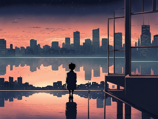 Nighttime reflections lofi manga wallpaper of a sad yet beautiful scene with cityscape