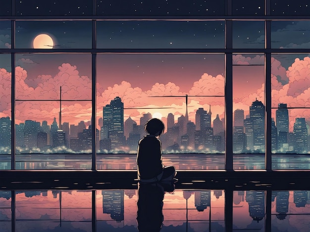 Nighttime reflections lofi manga wallpaper of a sad yet beautiful scene with cityscape