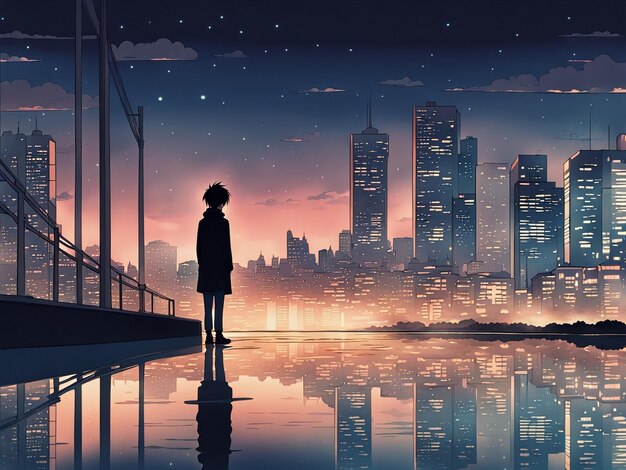 Nighttime reflections lofi manga wallpaper of a sad yet beautiful scene with cityscape