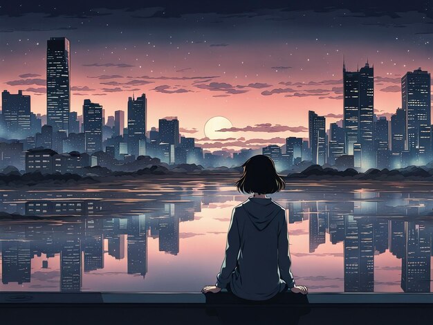 Nighttime reflections lofi manga wallpaper of a sad yet beautiful scene with cityscape