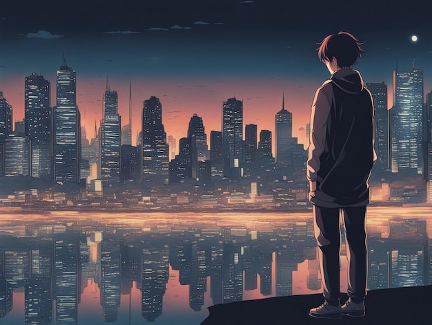 Nighttime reflections lofi manga wallpaper of a sad yet beautiful scene with cityscape