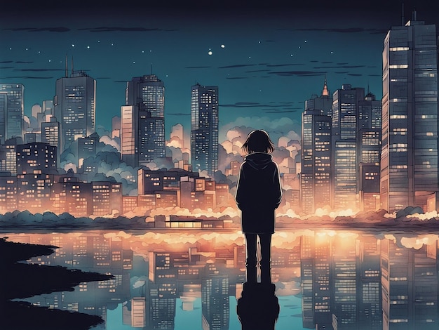 Nighttime reflections lofi manga wallpaper of a sad yet beautiful scene with cityscape