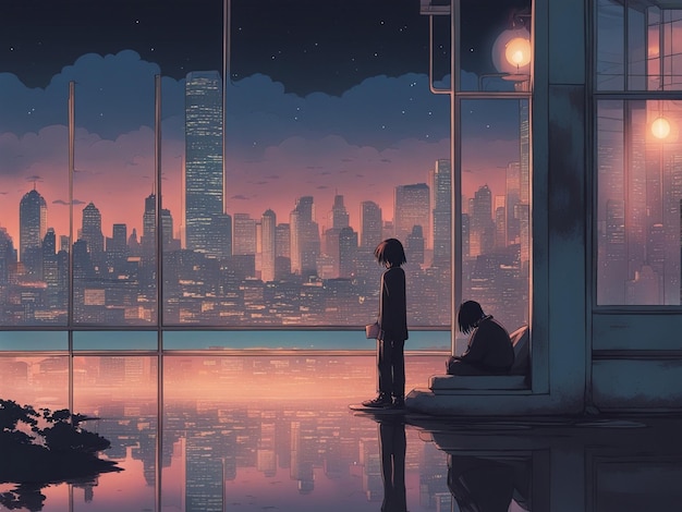 Nighttime reflections lofi manga wallpaper of a sad yet beautiful scene with cityscape