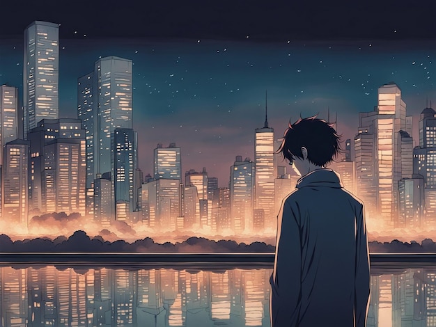 Nighttime reflections lofi manga wallpaper of a sad yet beautiful scene with cityscape