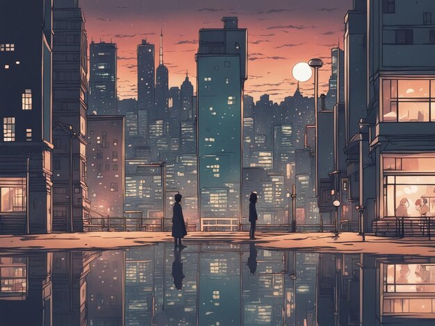 Photo nighttime reflections lofi manga wallpaper of a sad yet beautiful scene with cityscape