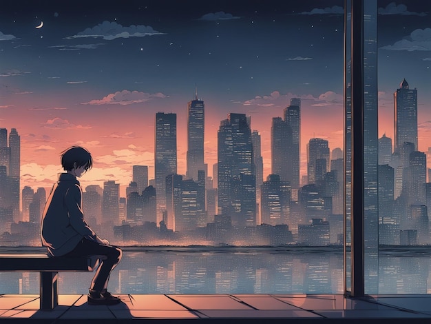 Nighttime reflections lofi manga wallpaper of a sad yet beautiful scene with cityscape