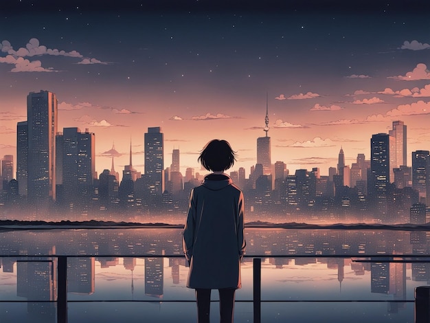 Nighttime reflections lofi manga wallpaper of a sad yet beautiful scene with cityscape