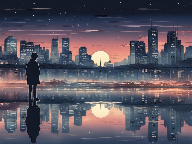Nighttime reflections lofi manga wallpaper of a sad yet beautiful scene with cityscape