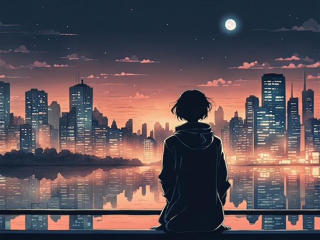 Nighttime reflections lofi manga wallpaper of a sad yet beautiful scene with cityscape