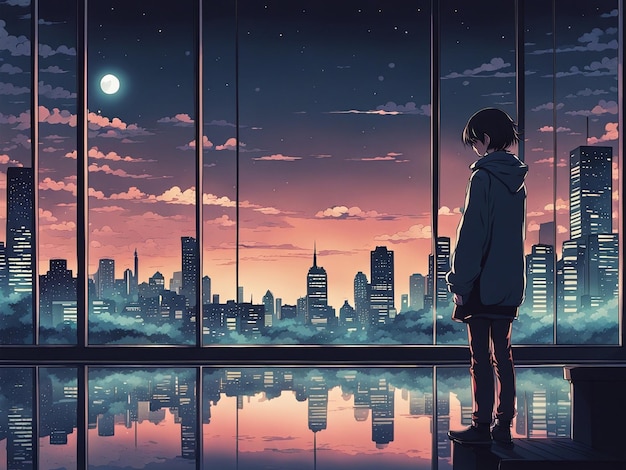 Nighttime reflections lofi manga wallpaper of a sad yet beautiful scene with cityscape