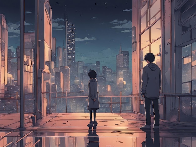 Ночные отражения лофи манги обои грустной, но красивой сцены с городским пейзажем