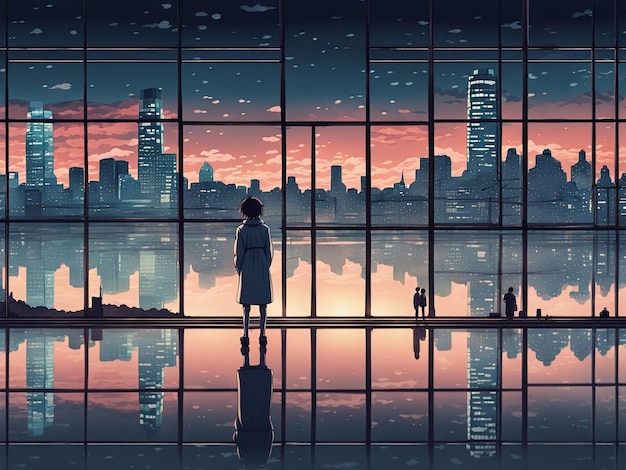 Nighttime reflections lofi manga wallpaper of a sad yet beautiful scene with cityscape