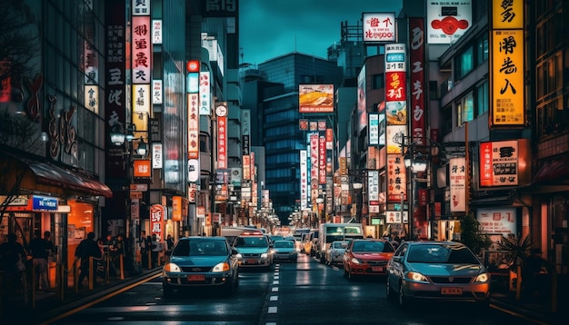 Nighttime rush hour in a crowded city with illuminated skyscrapers generated by artificial intelligence