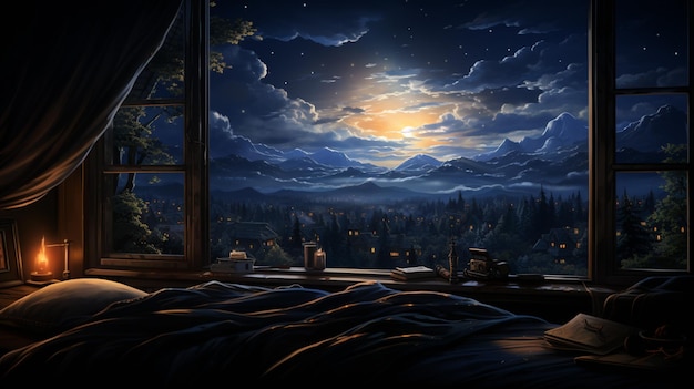 nighttime scene of a bed with a view of a mountain range generative ai