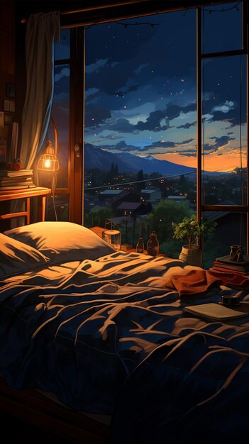 nighttime scene of a bedroom with a bed and a view of the city generative ai