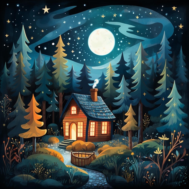 Nighttime scene of a cabin in the woods with a full moon generative ai