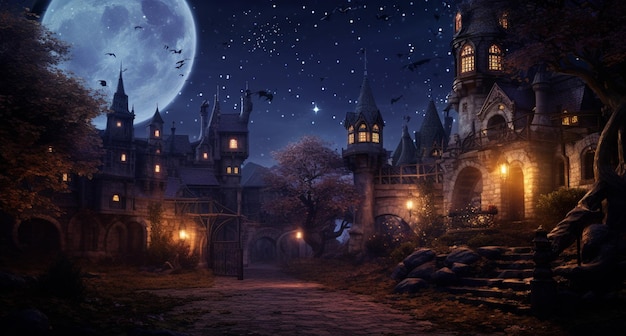 Ночная сцена замка с полной луной и летучими мышами