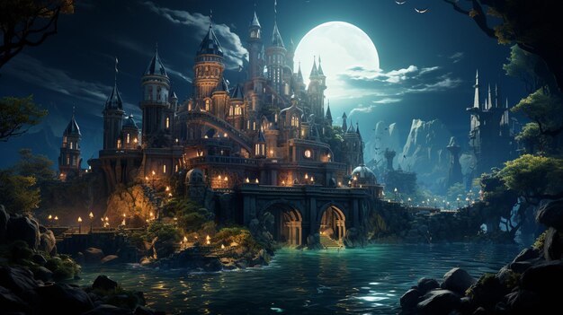 nighttime scene of a castle with a river and a full moon generative ai