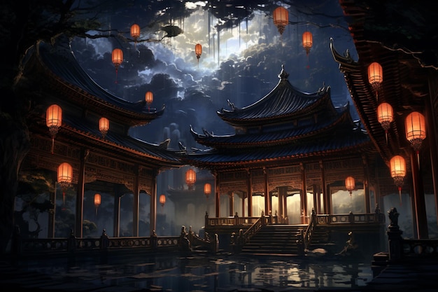 Ночная сцена китайского храма с фонарями и полнолунием