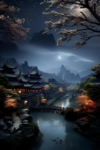 Nighttime scene of a chinese village with a bridge and a river generative ai