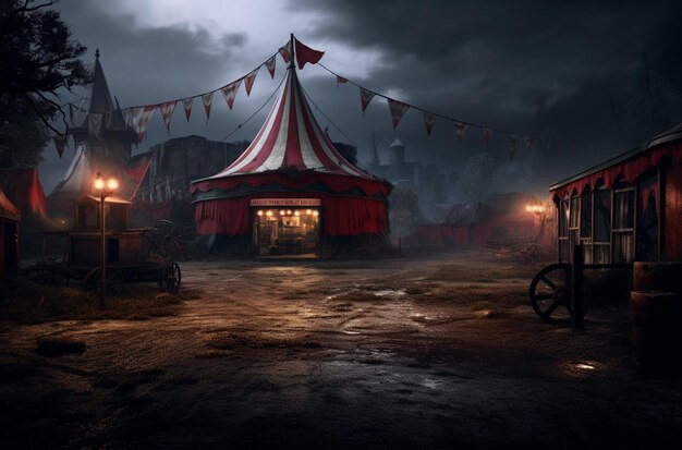 Photo nighttime scene of a circus with a red and white tent generative ai